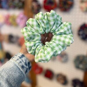 Light Green Gingham Scrunchie - Soft Check Hair Tie